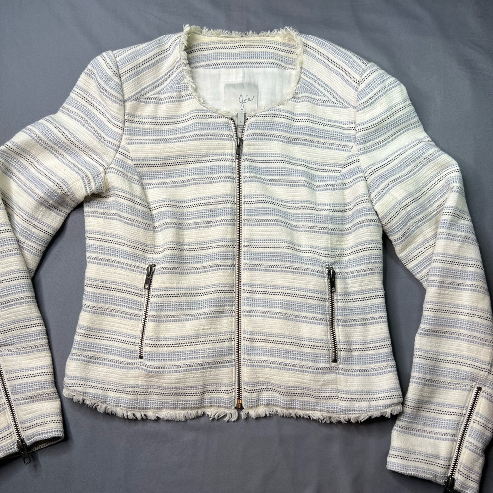 Joie Women's Textured Zip Jacket Raw Hem Ivory Blue Size Small
